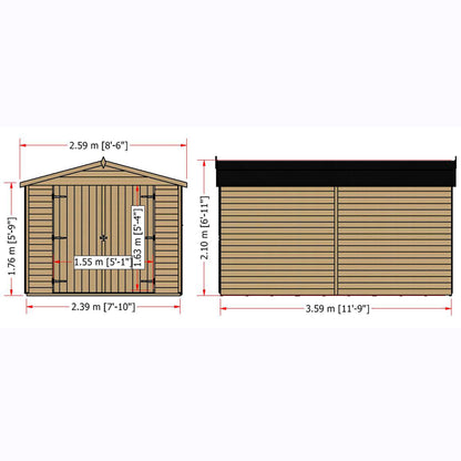 Shire 12 x 8 Dip Treated Overlap Shed Double Door No windows - Premium Garden