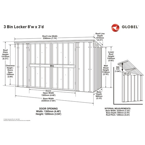 Globel 8 x 3 Metal Bin Store - Triple Bin - Premium Garden