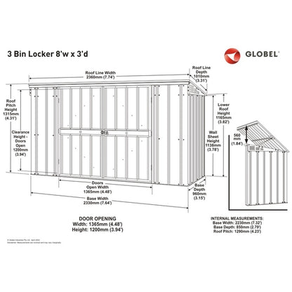 Globel 8 x 3 Metal Bin Store - Triple Bin - Premium Garden