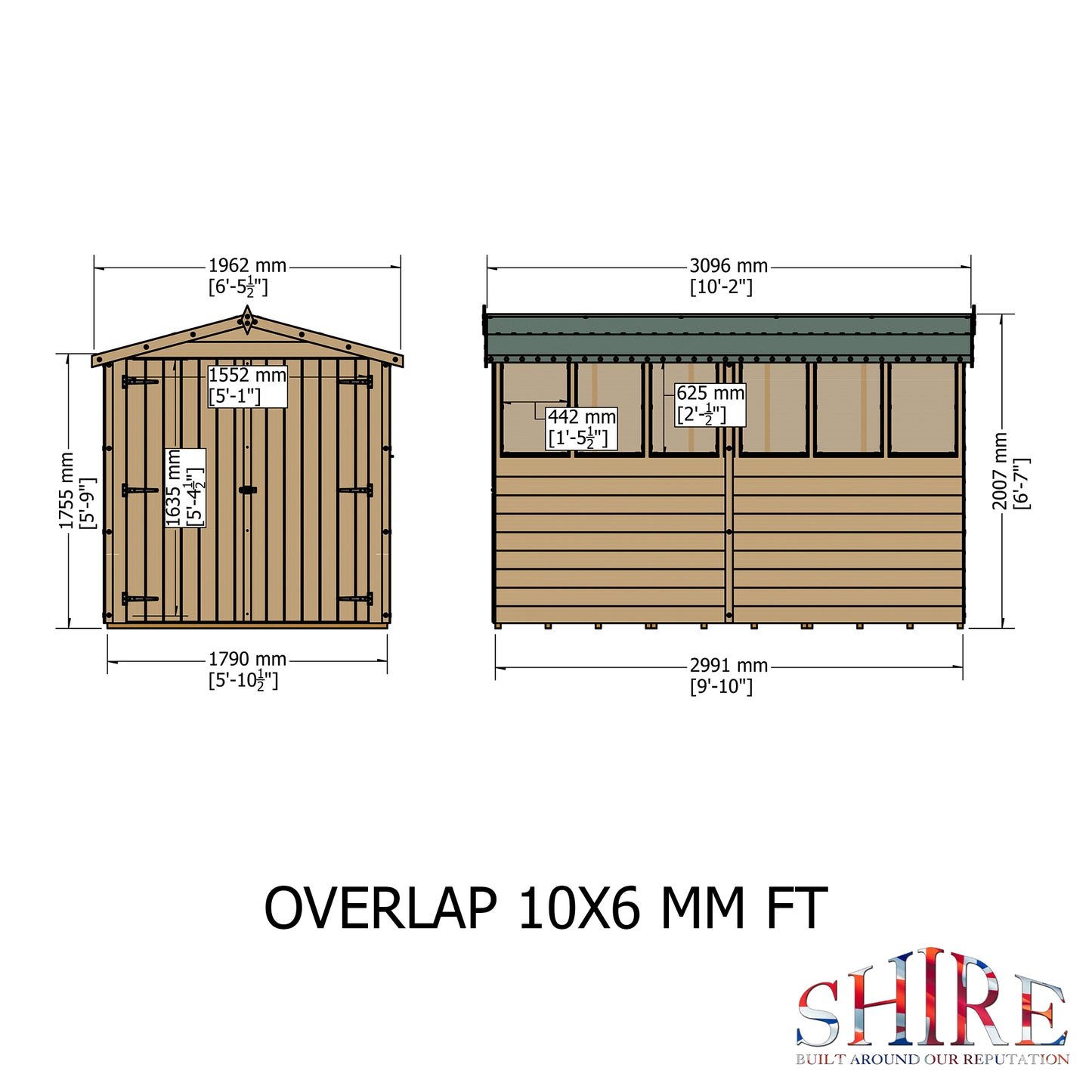 Shire 10 x 6 Dip Treated Overlap Shed Double Door - Premium Garden