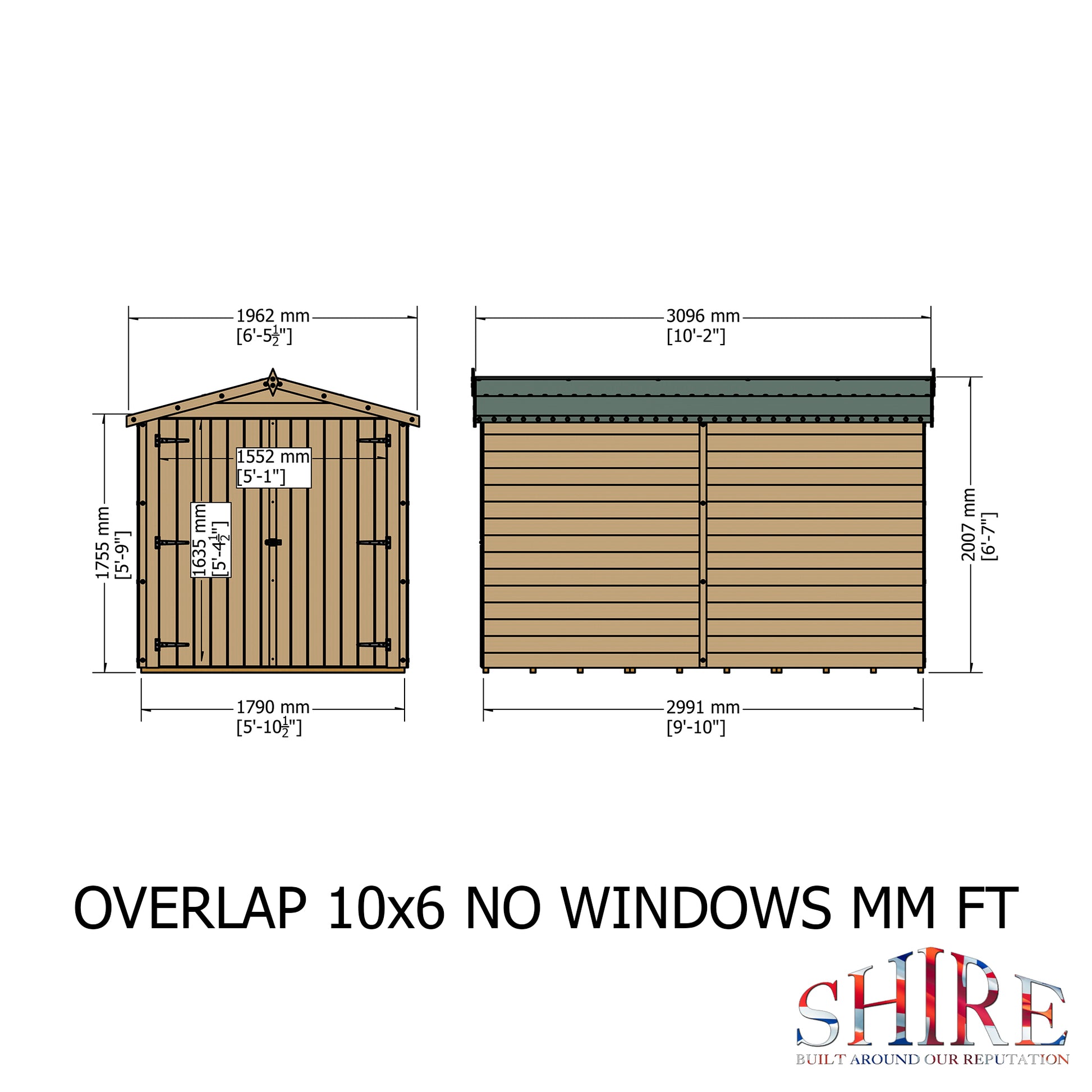 Shire 10 x 6 Dip Treated Overlap Shed Double Door No windows - Premium Garden