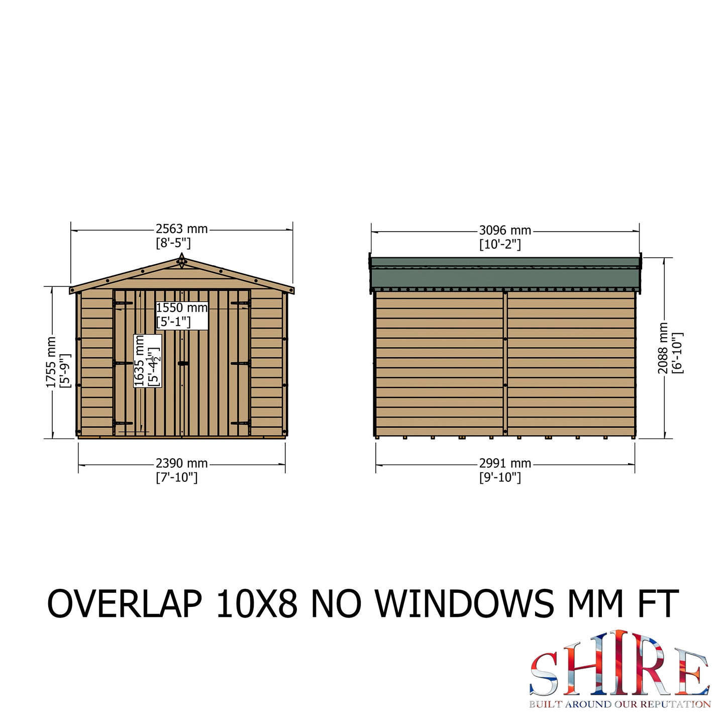 Shire 10 x 8 Dip Treated Overlap Shed Double Door No windows - Premium Garden