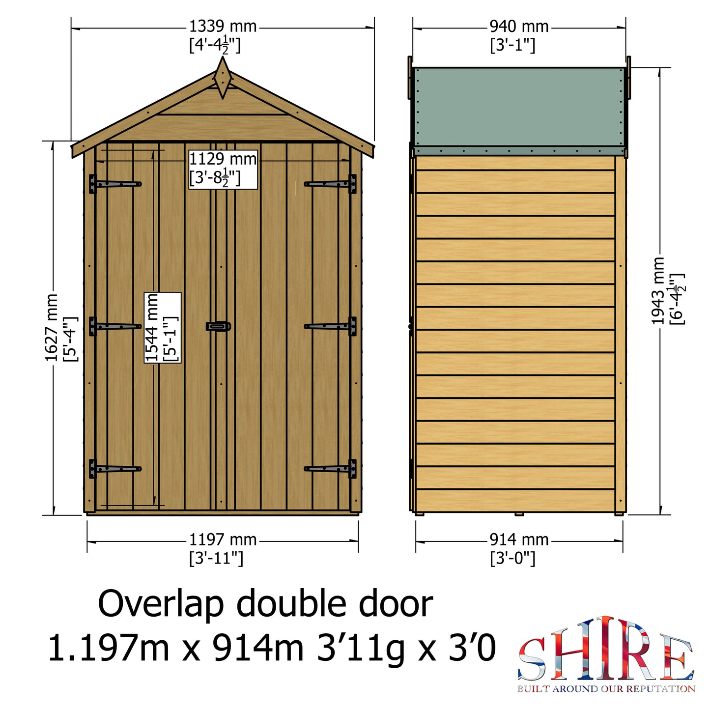 Shire 4 x 3 Dip Treated Overlap Shed Double Door - Premium Garden