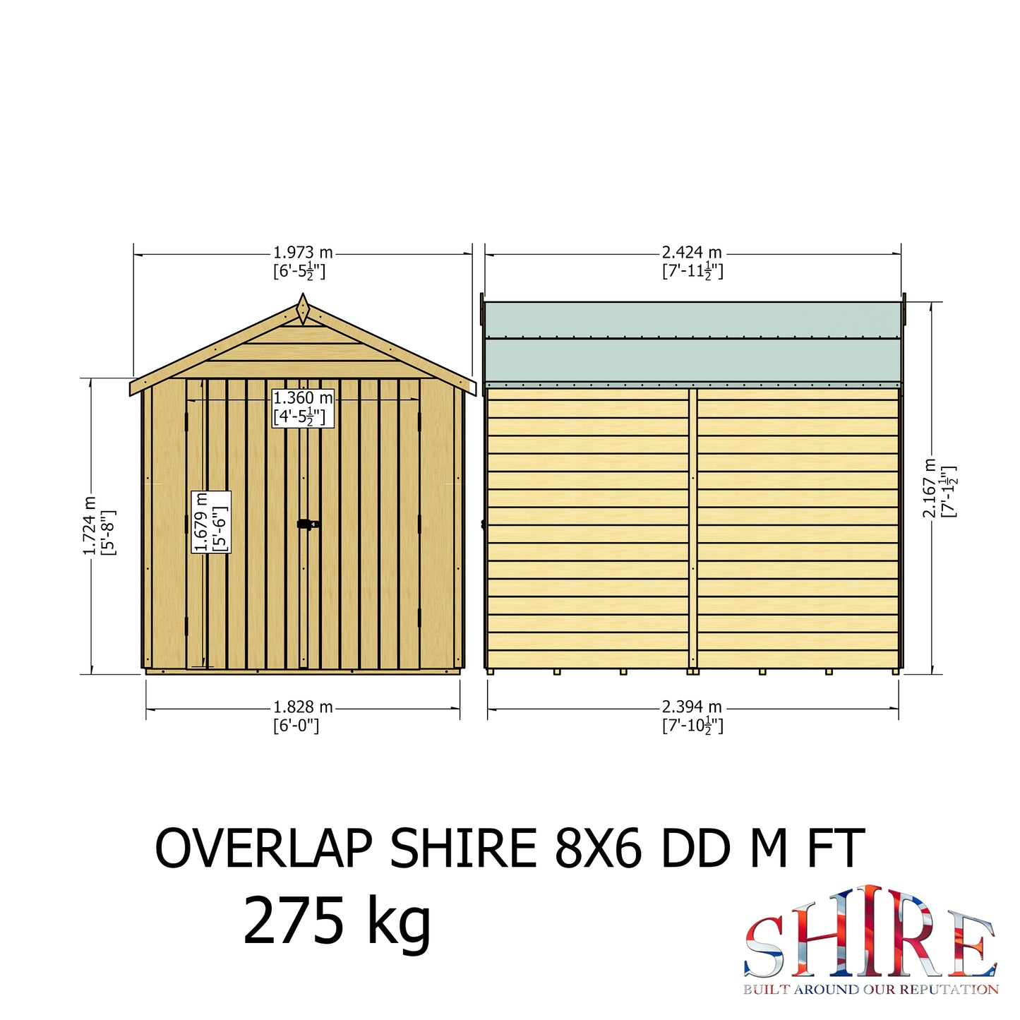 Shire 8 x 6 Dip Treated Overlap Shed Premium Double Door No windows - Premium Garden