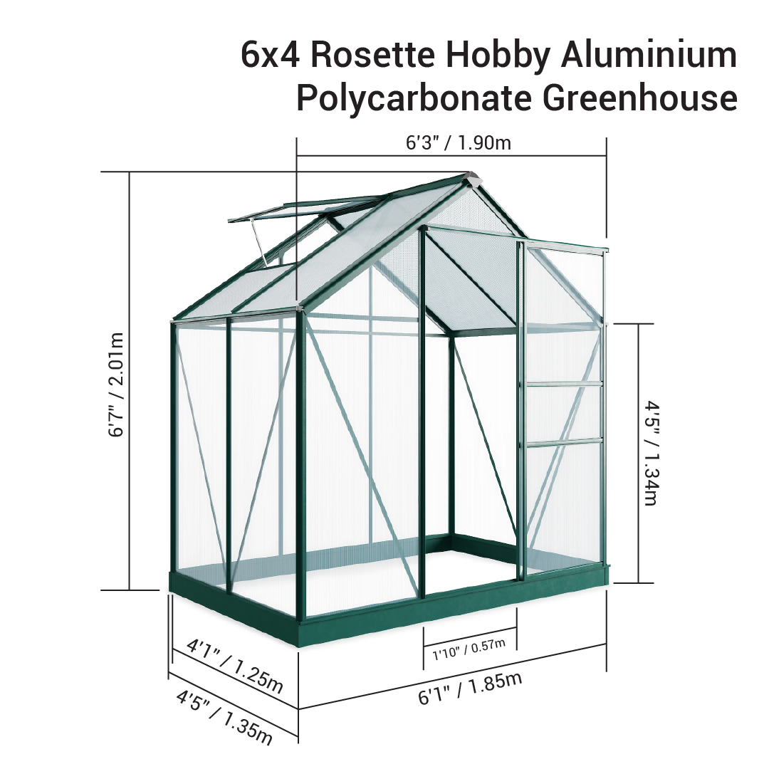 Rosette 6 x 4  Hobby Aluminium Polycarbonate Greenhouse - Premium Garden