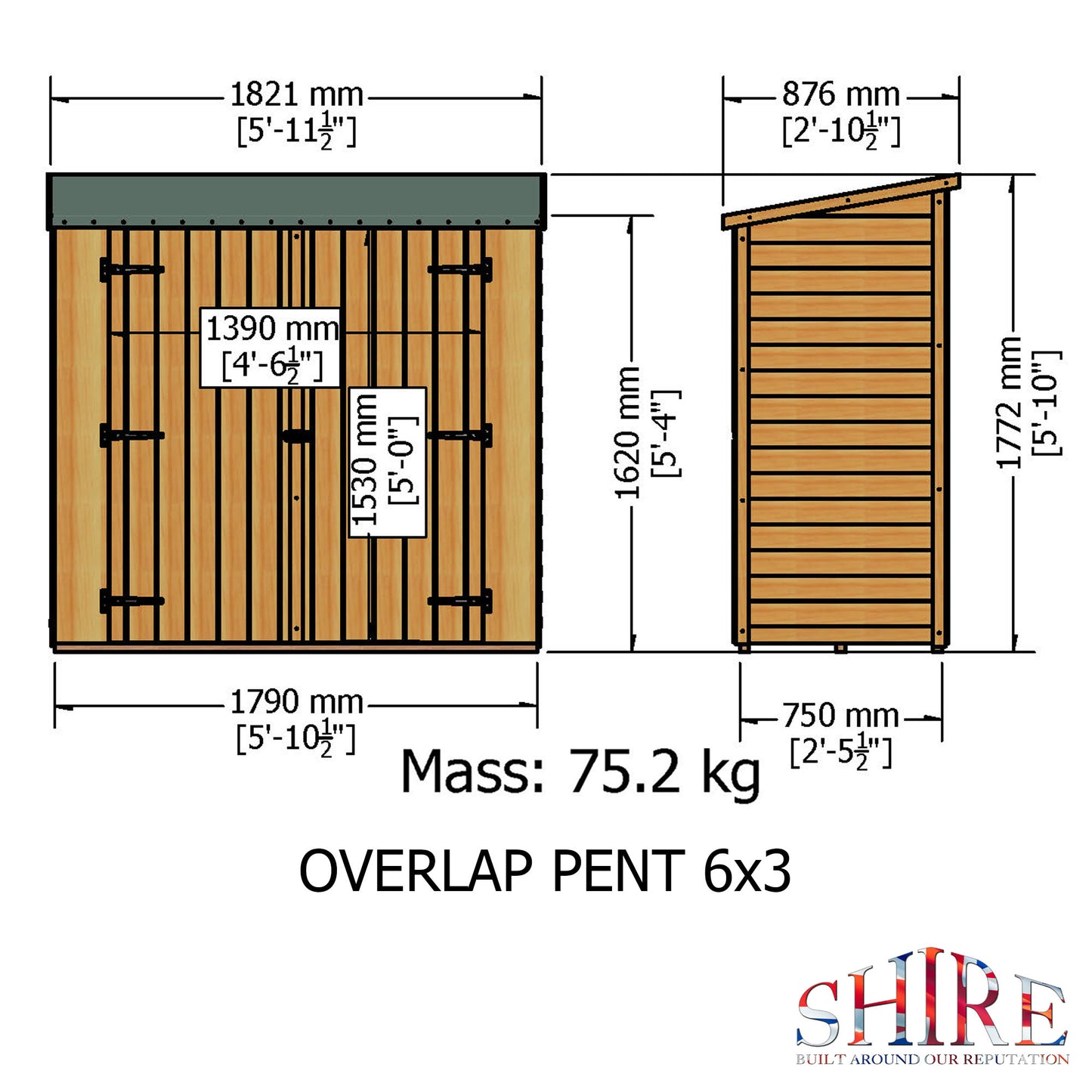 Shire 6 x 3 Overlap Pressure Treated Pent Shed Double Door - Premium Garden
